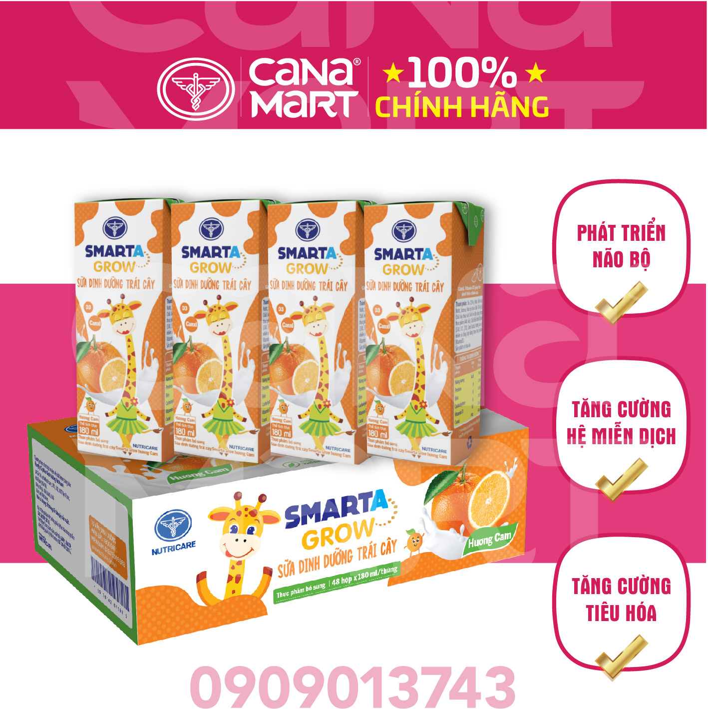 Thùng sữa nước trái cây Smarta Grow (vị cam), giúp trẻ tăng chiều cao, phát
triển não bộ, dinh dưỡng cho trẻ thấp còi (48 hộp x 180ml)