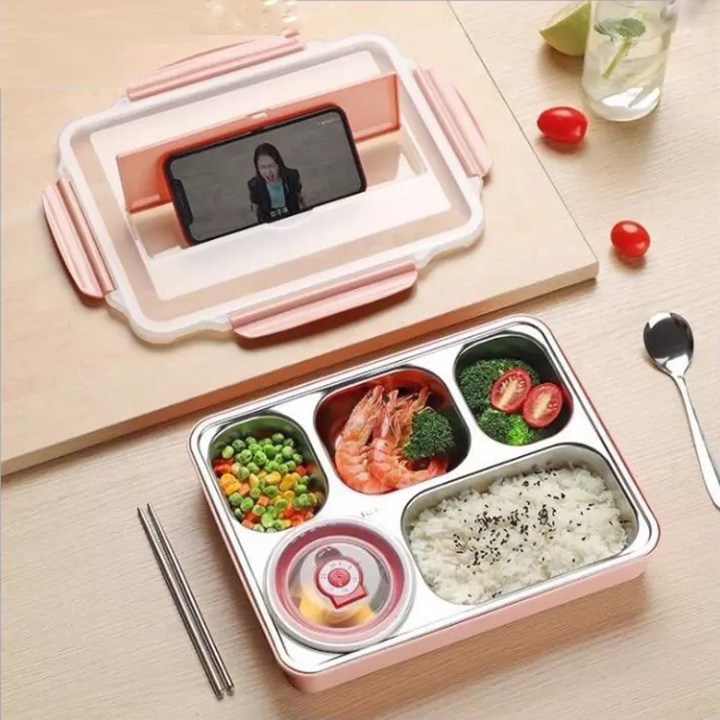Hộp cơm giữ nhiệt 5 ngăn để cơm và thức ăn có nắp đậy thiết kế hộp đựng canh riêng biệt có nắp chống tràn - Khay cơm văn phòng tiện ích đa năng