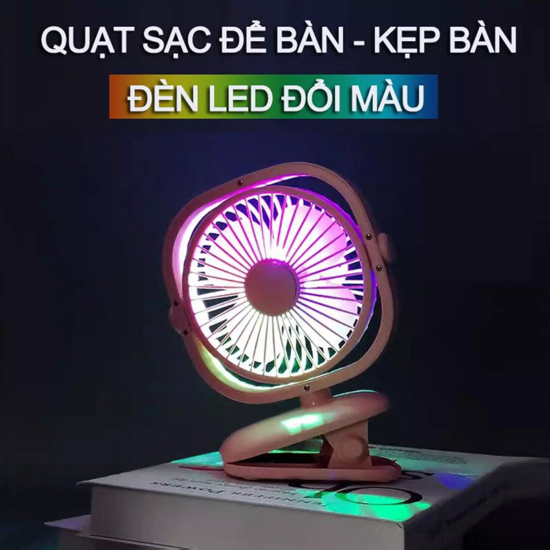 QUẠT SẠC MINI XOAY GÓC KIÊM ĐÈN LED NGỦ CHÂN KẸP ĐA NĂNG BJJ848