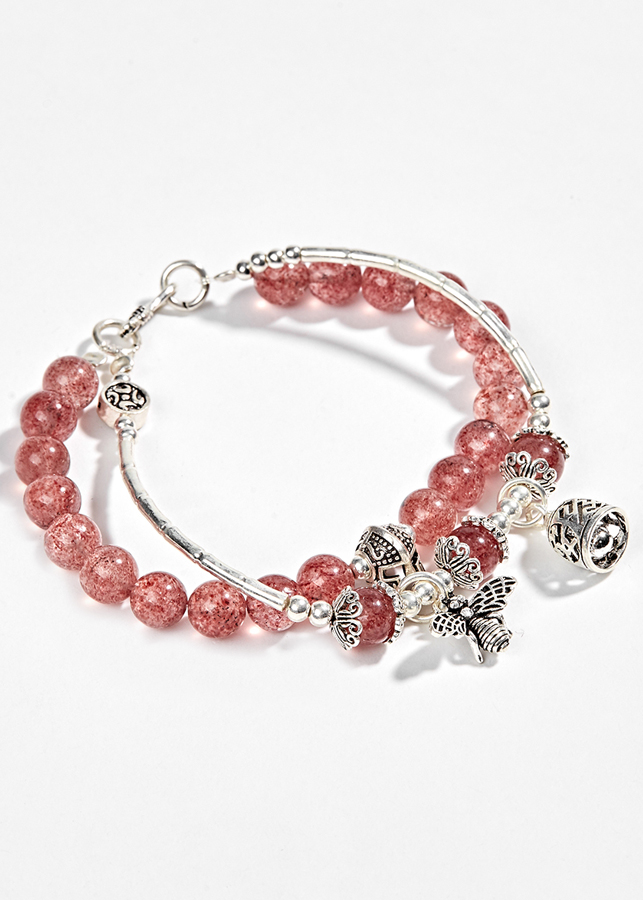 Vòng 2 Line Thạch Anh Dâu Phối Charm Ong Bạc