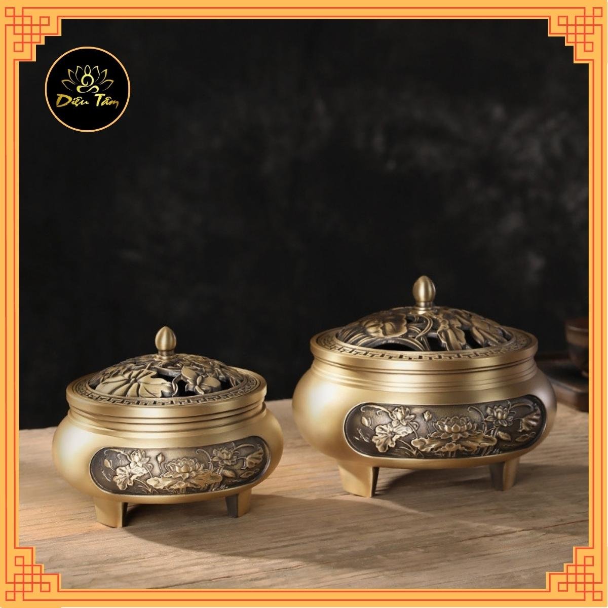 Lư đồng xông trầm - lư đốt trầm thay cho thác khói trầm hương, đồ thờ cúng shop Diệu Tâm mẫu Lư 3 chân khắc sen