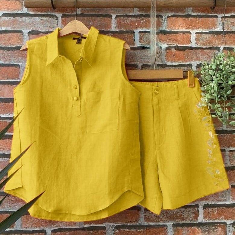 Set Bộ Nữ Mặc Nhà, Quần Đùi, Áo Sát Nách, Chất Vải Đũi Mềm