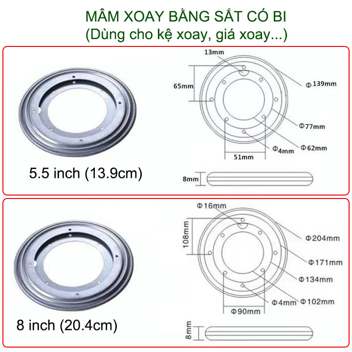 01 Mâm xoay tròn 360 độ, làm kệ-tủ-mâm xoay, bằng thép chống gỉ, có bi (5.5-14inch tùy chọn)