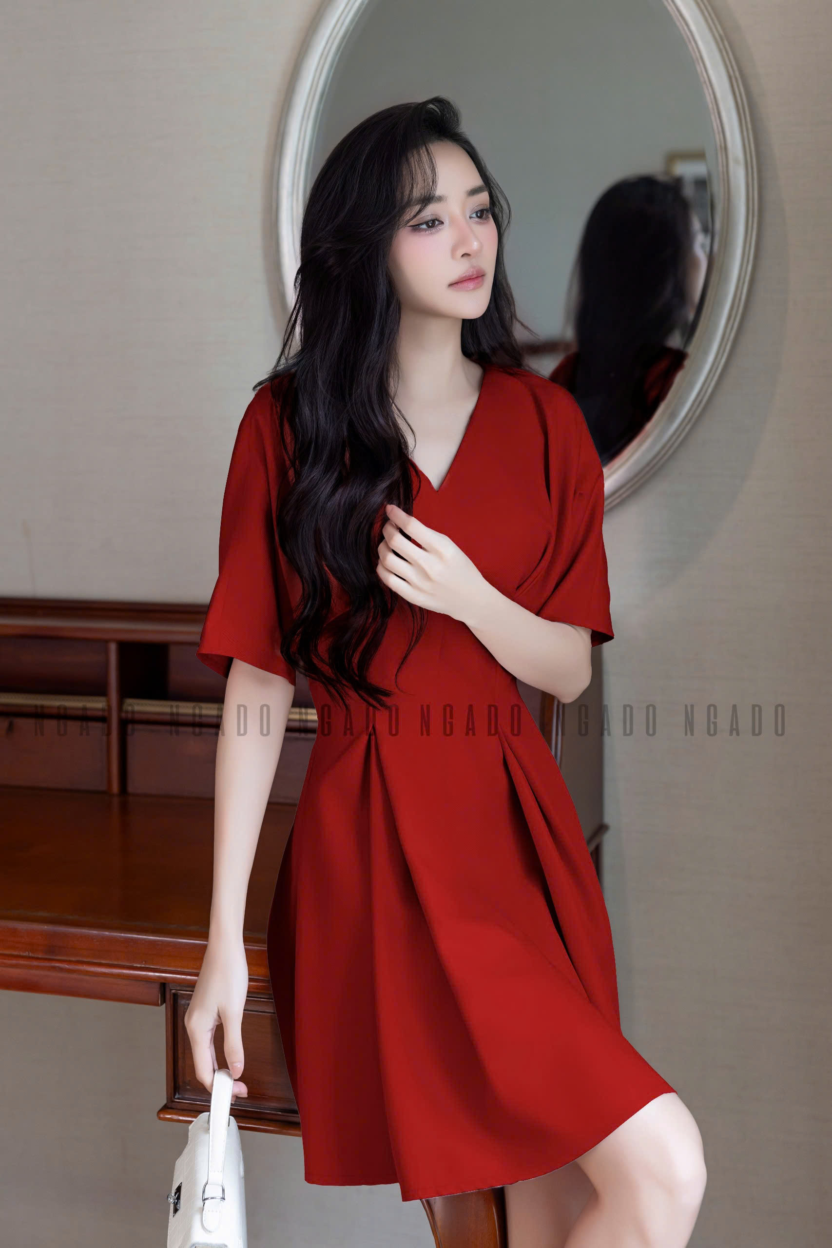 Đầm đỏ cổ V eo xếp ly NGADO , đầm kiểu Nữ , đầm công sở , dự tiệc