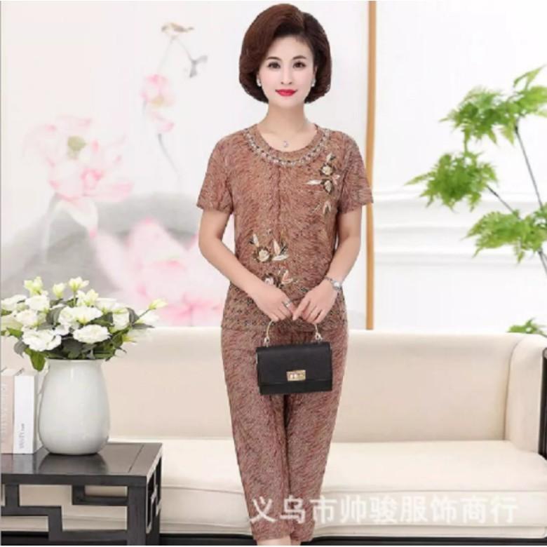 Bộ trung niên nữ mặc nhà thêu hoa chất liệu mềm mịn thoáng mát