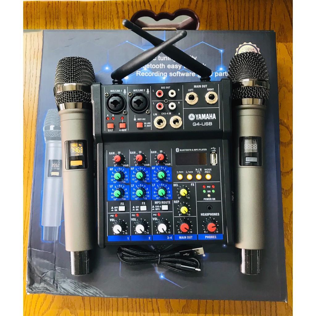 Mixer Bàn G4-USB + Tặng Kèm 2 Micro UHF cao cấp, chống hú, new 2020 hát Karaoke, Livestream