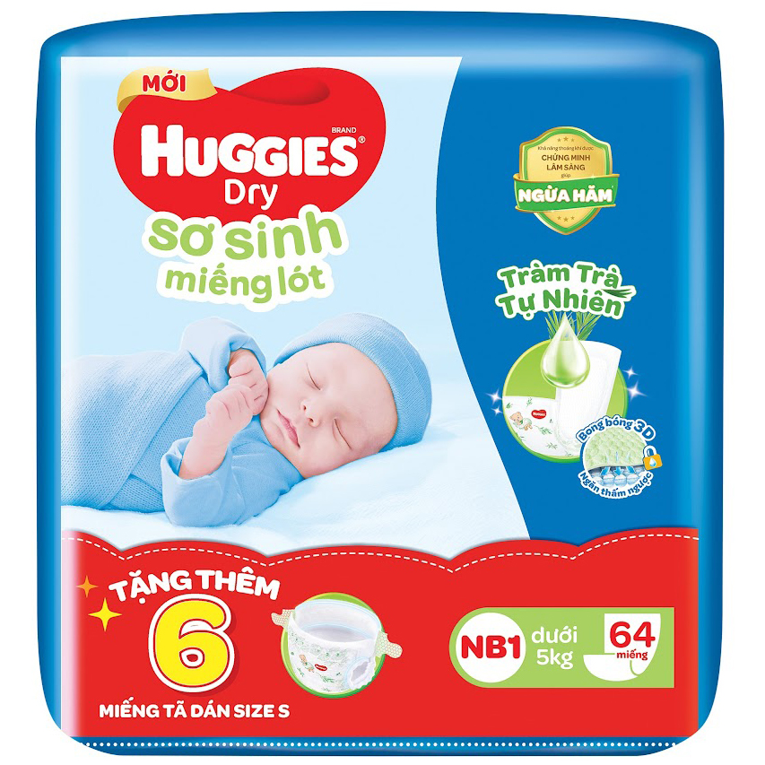 Miếng lót sơ sinh NB1 HUGGIES DRY 64 miếng + 6 miếng