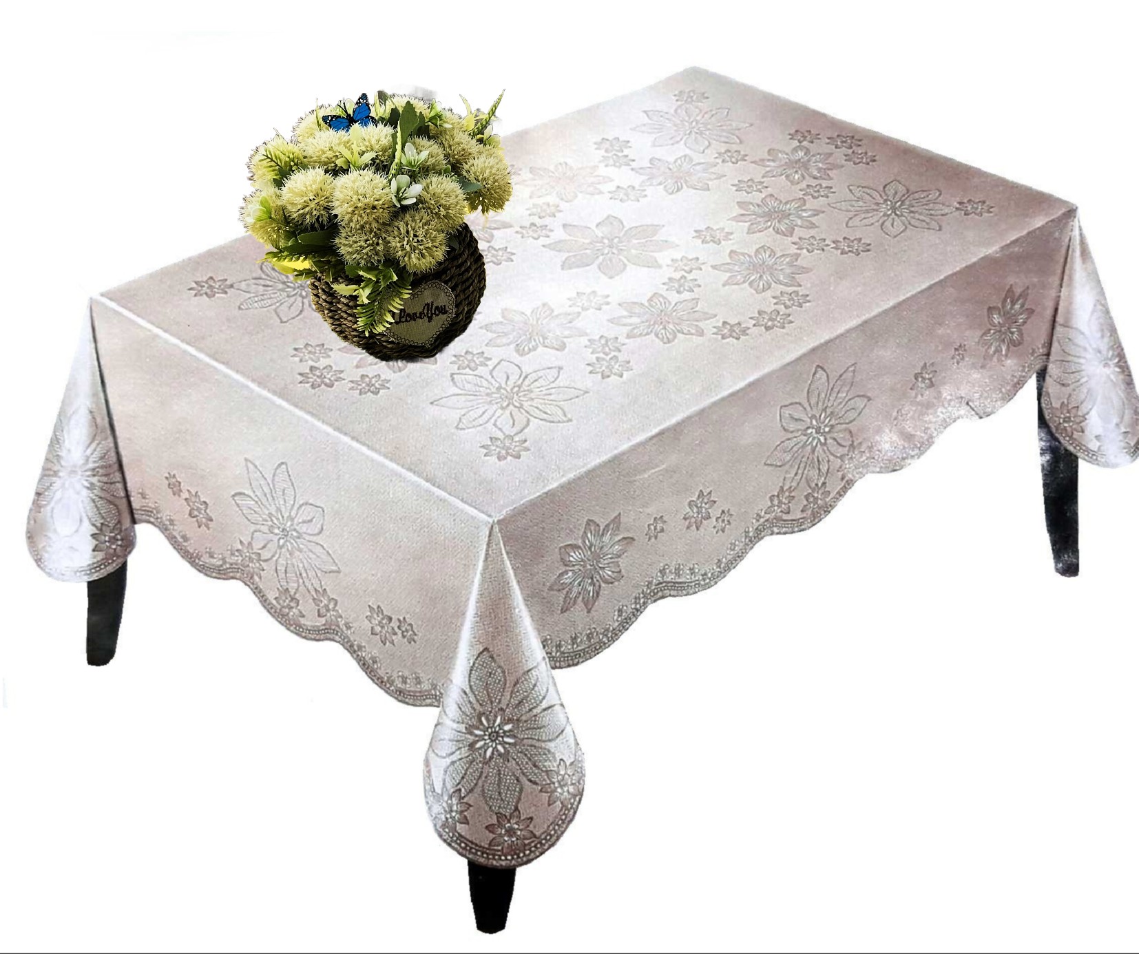 Khăn Trải Bàn PAULEE - PWL 241 hoa văn nổi, ánh kim bạc, nền kem bạc, không thấm nước - 147cm x 230cm.