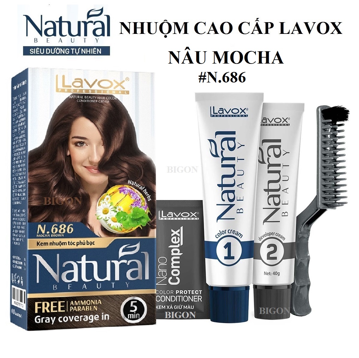 Kem Nhuộm Phủ Bạc Cao Cấp Siêu Dưỡng, Tự Nhiên Lavox N.686 - Mocha Brown