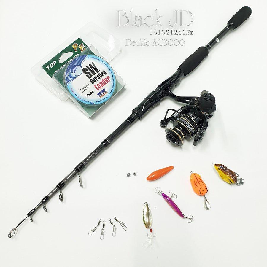 Bộ cần câu lure máy Đứng JD rút gọn 60cm chất liệu carbon độ dài 1m6 - 1m8 - 2m1 - 2m4 - 2m7 kèm máy ngang và hộp mồi lu