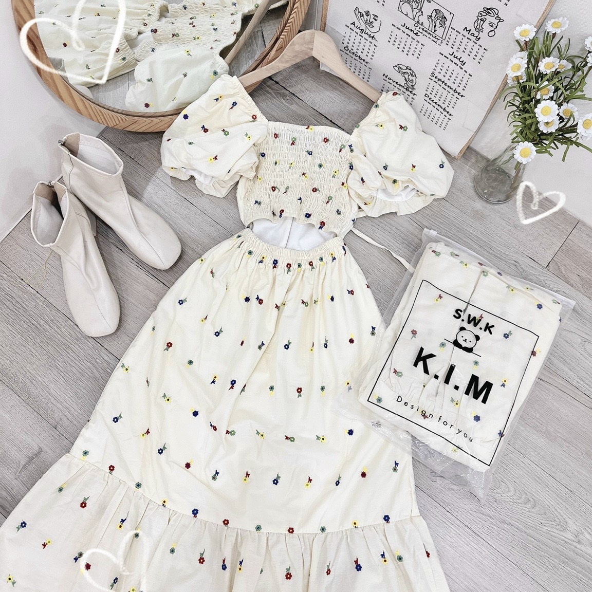 ĐẦM SUÔNG DÀI CỔ U HOA FLORAL TAY NGẮN BỒNG VÁY XẾP LY NHẸ ĐI BIỂN DẠO PHỐ DỰ TIỆC