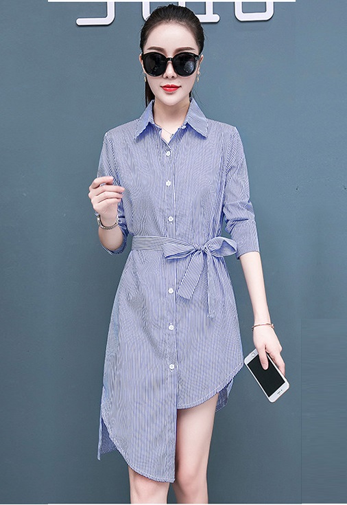 Đầm công sở nữ dáng suông kẻ sọc xanh dương năng động da96