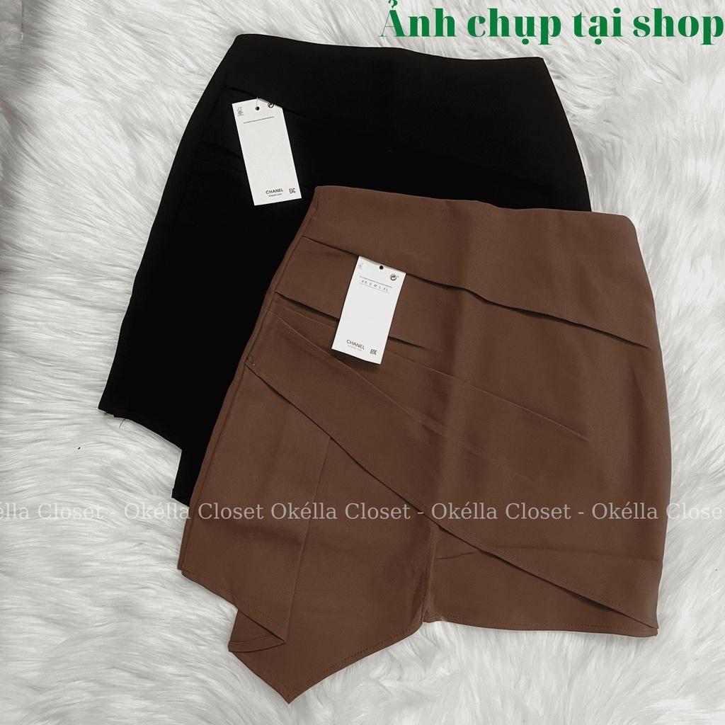 Chân váy A cách điệu vạt chéo bên hông, chân váy nữ dáng ngắn cạp cao 2 màu nâu đen Okella CV009