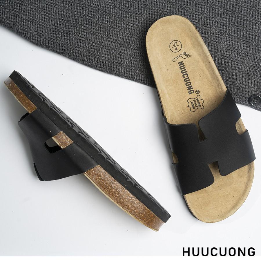 Dép unisex Huucuong chữ H da bò đen đế trấu handmade