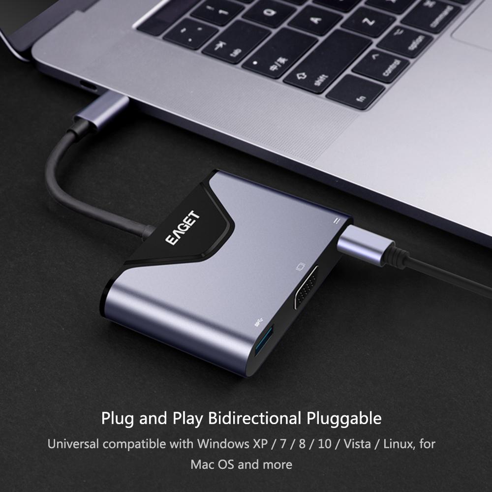 Bộ chuyển đổi EAGET Muli Chức năng Type-C sang C + VGA + USB 3.0 Male To Female