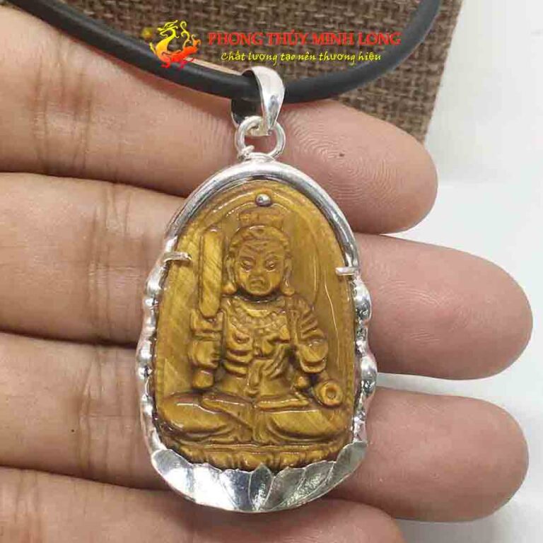 Mặt dây chuyền phật bản mệnh 12 con giáp đá Mắt Hổ Vàng Nâu bọc Bạc