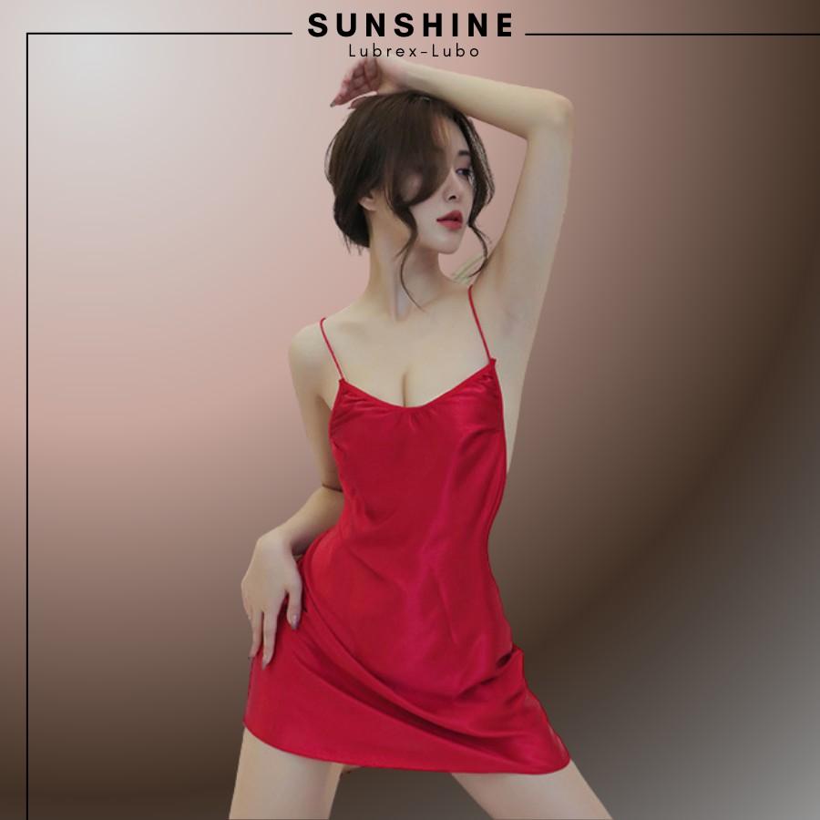 Váy Ngủ Lụa Đồ Ngủ Satin Hai Dây Không Mút Ngực Hở Sau Lưng- SUNSHINE -LUBREX LUBO LT1062 MÀU ĐỎ