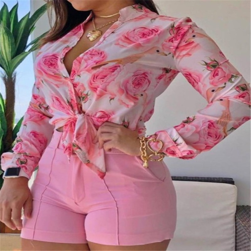 Hai Bộ Nữ Quần Short Lưng Cao Bộ Nữ Đế-Cổ Áo Tay Áo Dài Áo Sơ Mi Nữ Mùa Hè Phù Hợp Với in Hình Dáng, Kích Thước Bộ