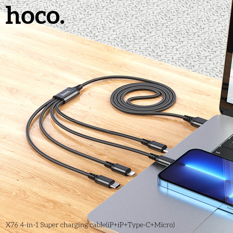 Dây cáp sạc 4 đầu 2A Hoco X76 dài 1m bọc dù siêu bền, dây sạc đa thiết bị hàng chính hãng Hoco Mall Official