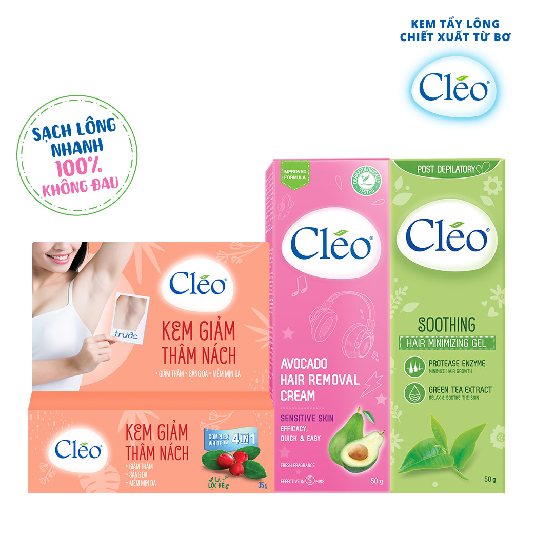 Bộ tẩy lông vùng nách Cléo an toàn cho da nhạy cảm 50g, kem giảm thâm Cléo, dưỡng trắng da 35g Và gel dưỡng da sau tẩy lông 50g