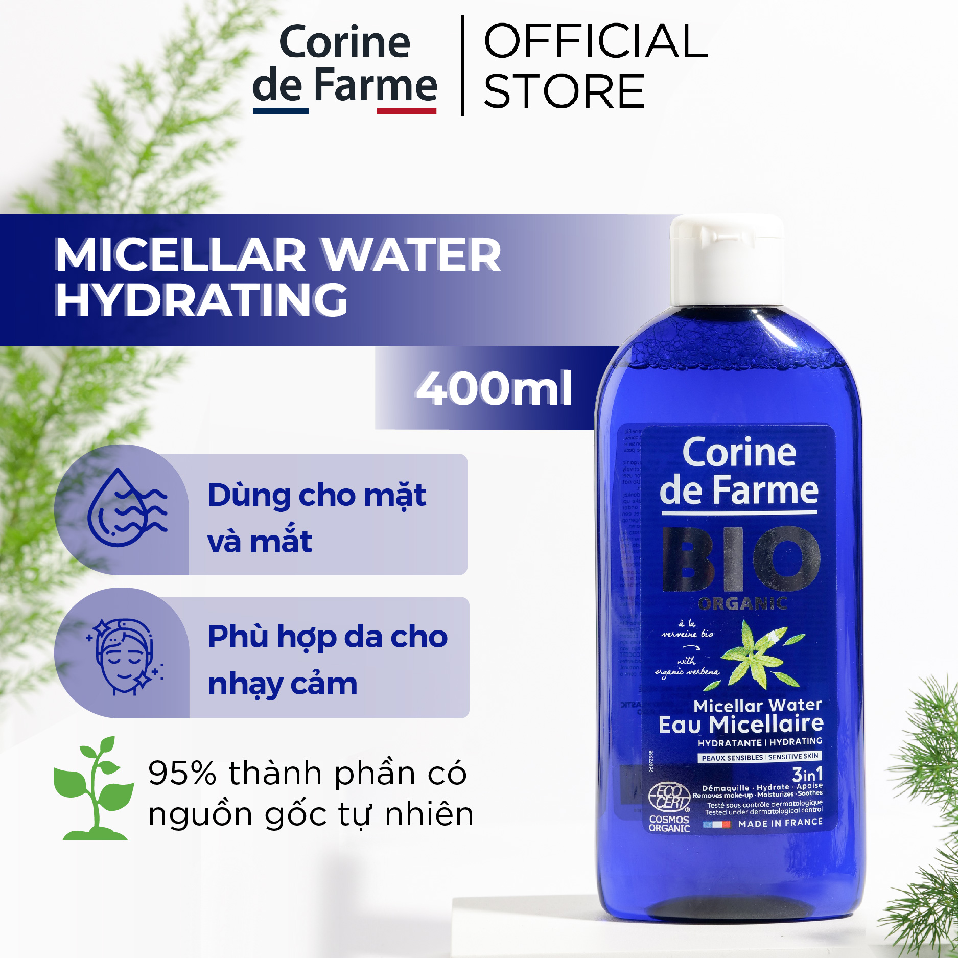 Nước Tẩy Trang Hữu Cơ Corine de Farme Organic Micellar Water Hydrating 3in1 cho da nhạy cảm