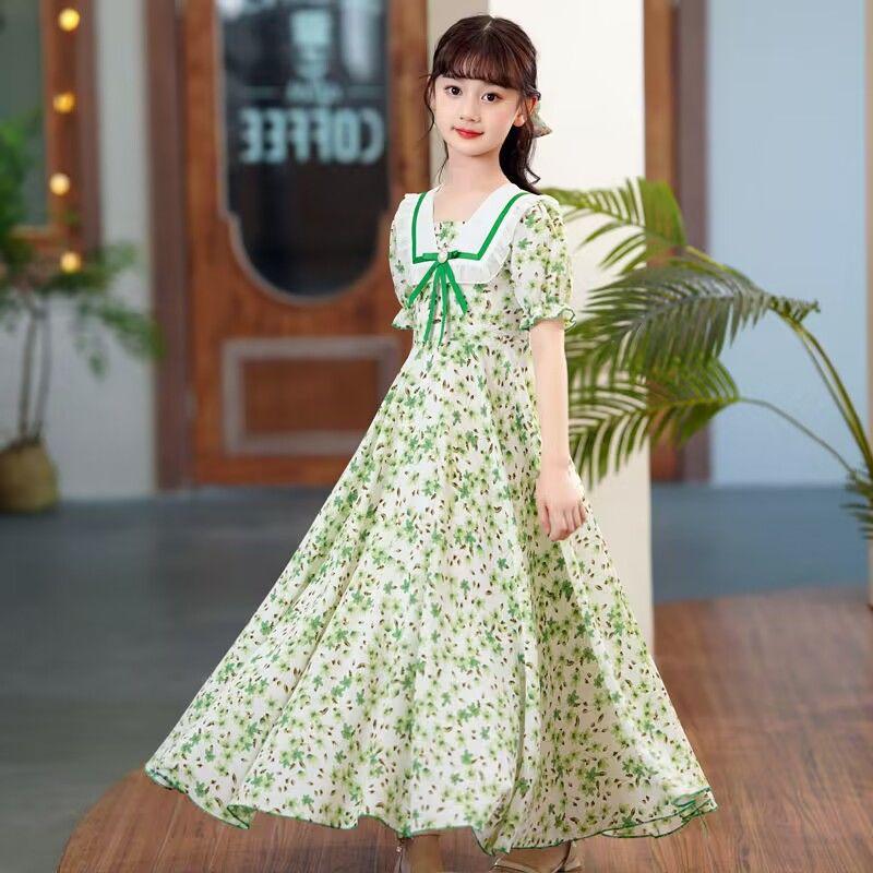 SHUANGYAN Cô gái lớn bé mùa hè váy bong bóng tay áo đầm cô gái nhỏ mùa hè phong cách phương Tây váy sinh viên ngọt ngào trên đầu gối hoa đầm dài