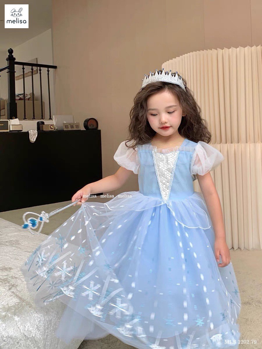 Đầm voan công chúa cho bé gái dự tiệc diện tết đẹp hình Elsa size 10-40kg hàng thiết kế cao cấp