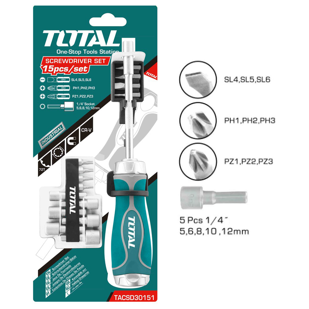 Bộ tua vít 15 chi tiết đa năng TOTAL TACSD30156 - nhiều loại mũi vít, tay cầm nhựa nhám chắc chắn, thép chuyên dụng CR-V, có từ tính