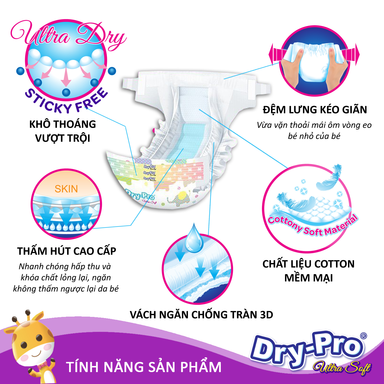 Tã/bỉm dán Dry-Pro siêu mềm nhập khẩu Malaysia size L60 - Gói 60 miếng