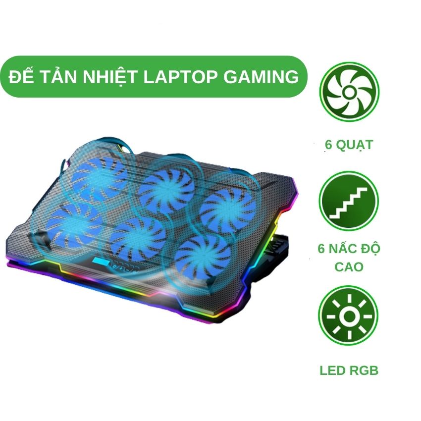 Đế tản nhiệt laptop S103 có 6 quạt làm mát nhanh chống ồn đèn LED RGB điều chỉnh độ cao 6 mức trang bị màn hình LCD giúp tăng hiệu năng bảo vệ máy tính