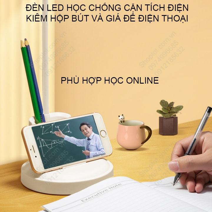 Đèn led học chống cận, tích điện, có hộp để bút và giá để điện thoại, ánh sáng 3 màu, điều chỉnh độ sáng vô cấp