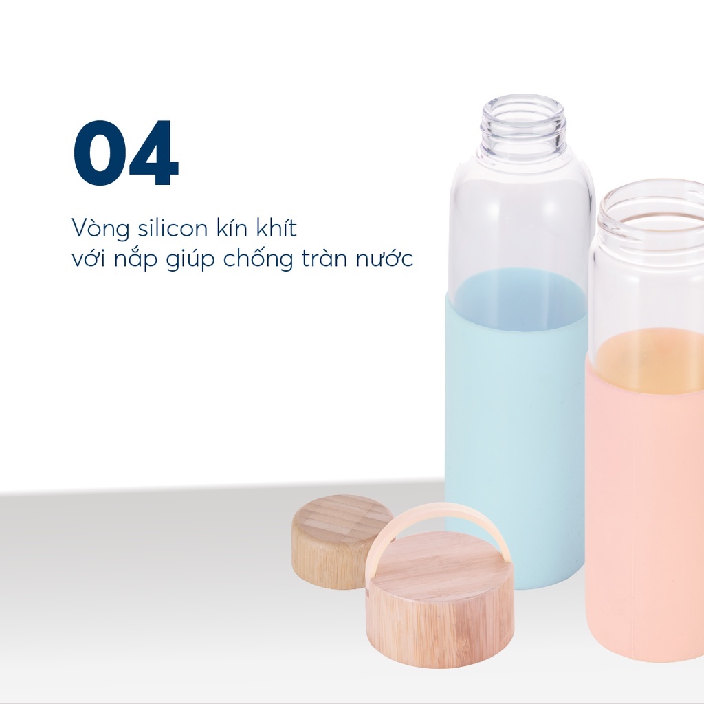 Bình nước thuỷ tinh bọc silicon Inochi - Nikko 550 ml
