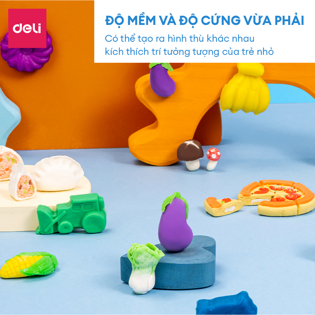 Bộ Đất Nặn 3D Deli 12 Màu - Đất Sét Nặn An Toàn, Không Dính Tay, Màu Sắc Tươi Sáng, Kèm Phụ Kiện Khuôn Nặn Cho Bé