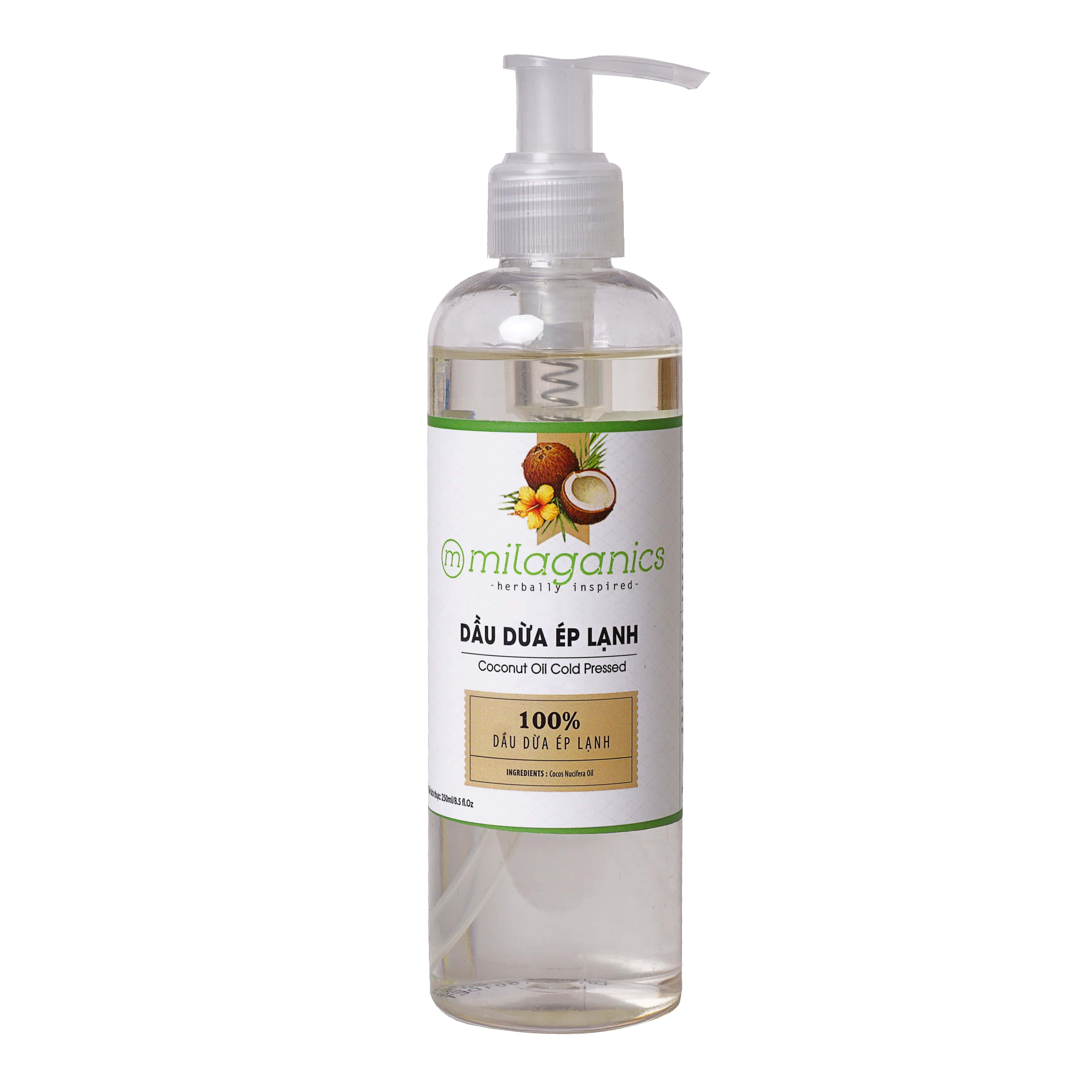 Dầu Dừa Nguyên Chất Ép Lạnh Tinh Khiết Dưỡng Da, Dưỡng Tóc, Dưỡng Môi MILAGANICS 250ml