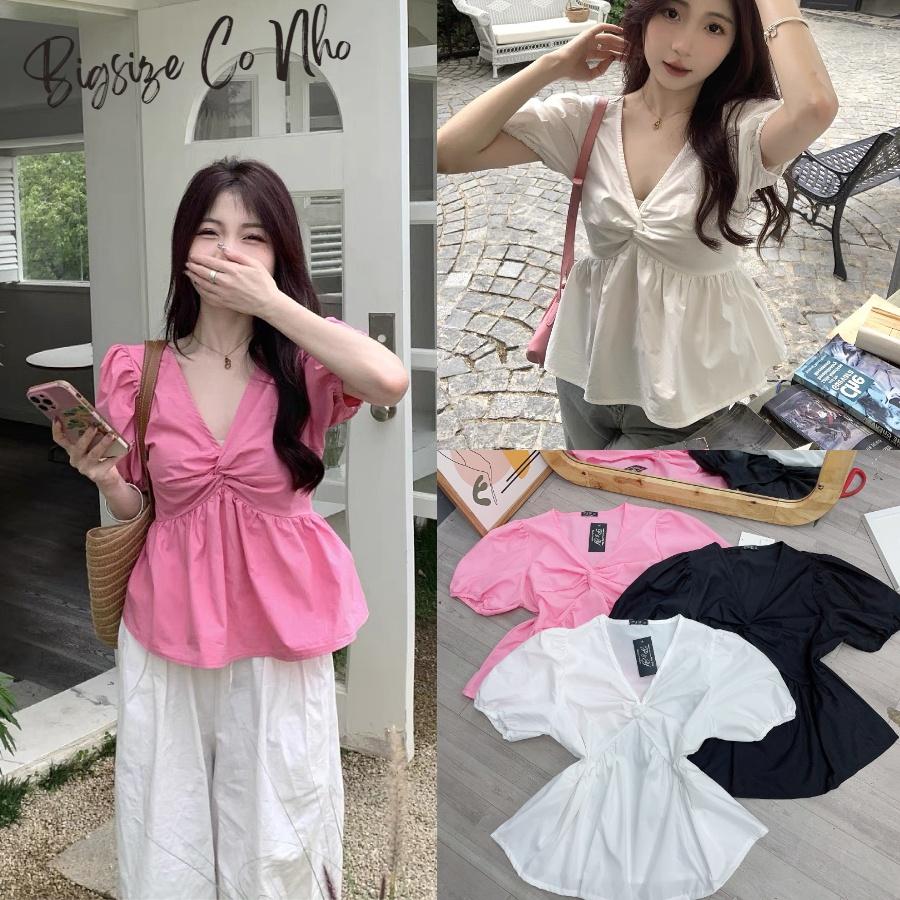 Áo sơ mi bigsize nữ cổ V xoắn ngực dáng babydoll đứng form mặc thoải mái, Áo kiểu nữ big size 58-95kg SM12 - Màu đen