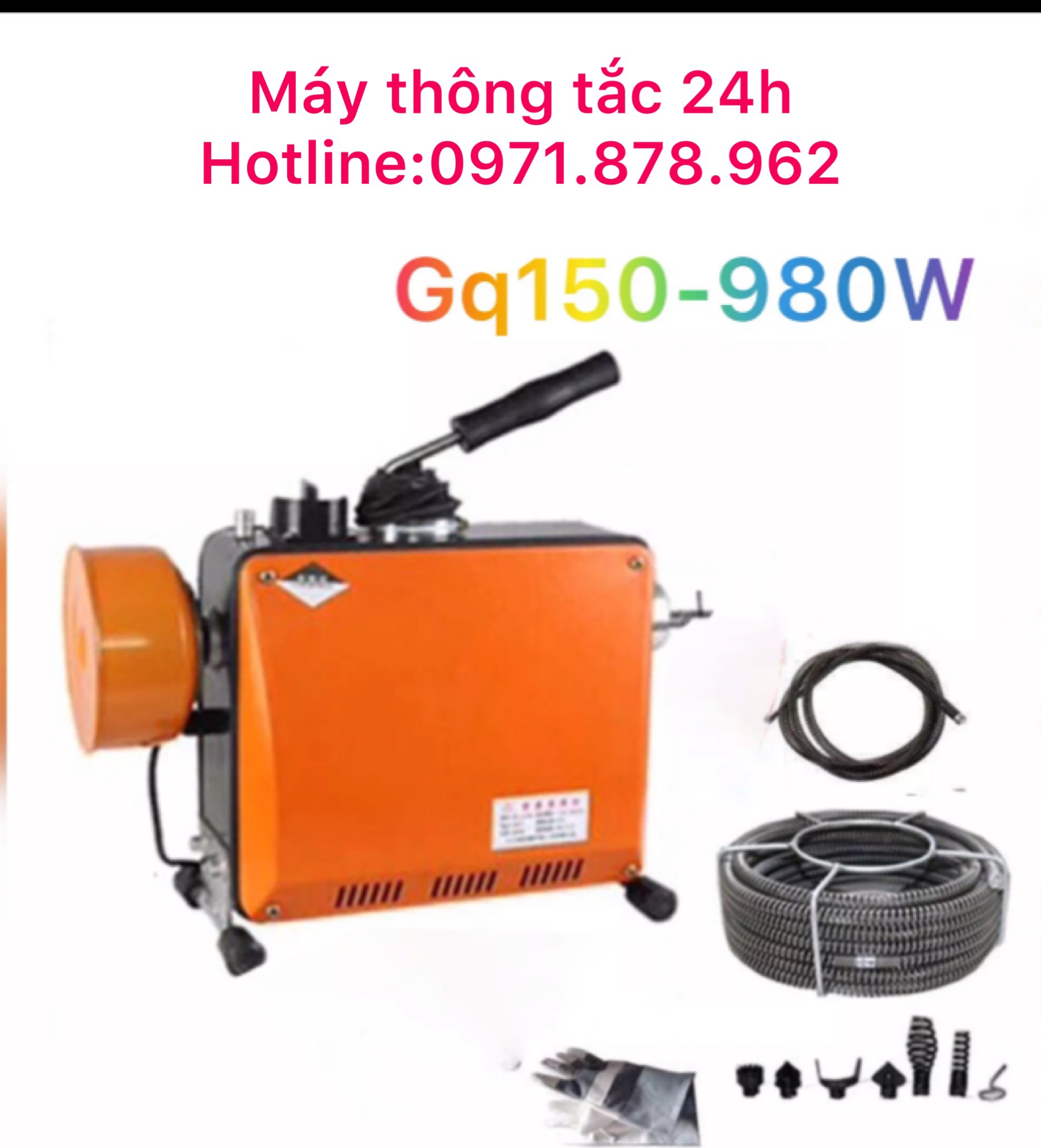 Máy thông tắc GQ 150B-980w kèm 1 cuộn dây phi 16 + 1 bộ đầu thông + 1con lu có sẵn cuộn dây phi 8