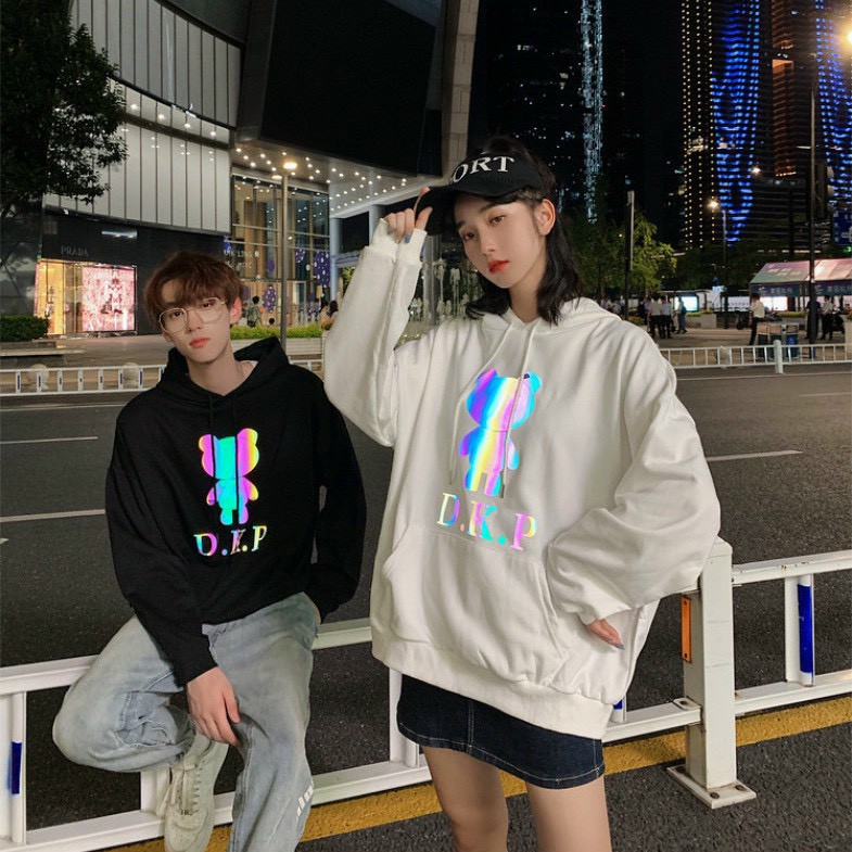 áo hodie gấu dkp phản quang 7 màu, Áo khoác Hoodie phản quang 7 màu DKP form dưới 70kg decan in xịn, Áo khoác nỉ phản quang gấu DKP unisex dáng rộng ulzzang quảng châu phong cách hàn quốc