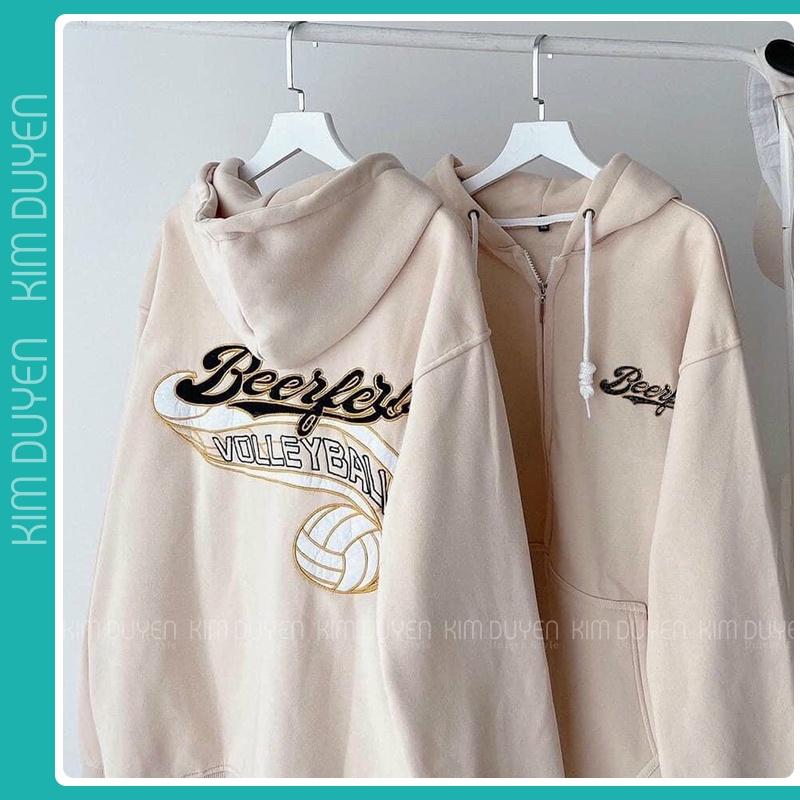 Áo Khoác Be Sữa Khóa Kéo Áo Khoác Nỉ Ngoại Mềm Mịn In Chữ Beer Nét Form Rộng Unisex