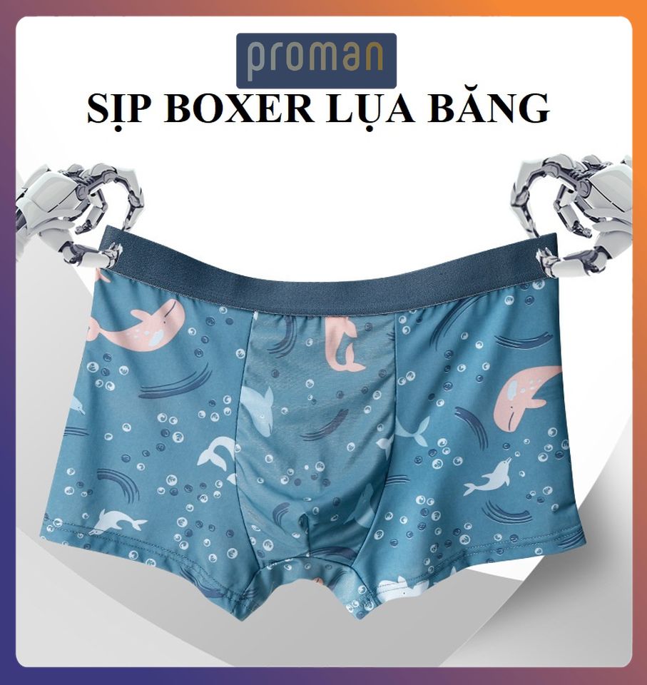 Quần lót nam boxer lụa in hình co dãn 4 chiều, quần sịp đùi nam hoạt hình chất lụa thấm hút SL03 - PROMAN