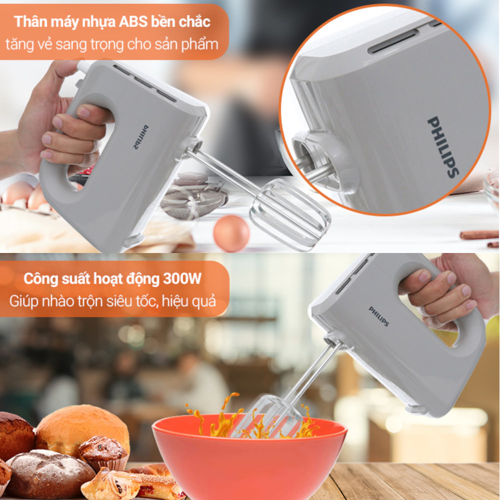Máy đánh trứng cầm tay Philips HR3705/20 công suất 300W, bảo hành 2 năm - Hàng chính hãng