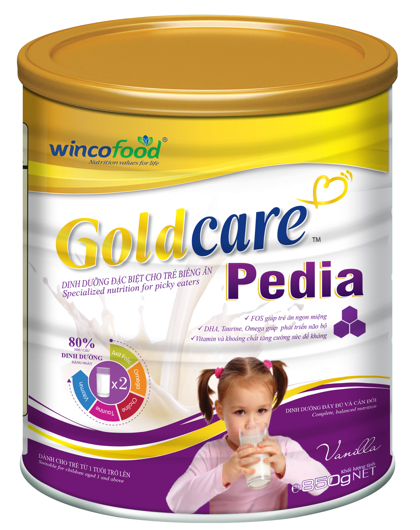 Sữa bột Wincofood Goldcare Pedia : dành cho trẻ biếng ăn, chậm lớn, sản phẩm phù hợp với trẻ từ 1 tuổi trở lên, bổ sung FOS giúp trẻ ăn ngon miệng, DHA , Taurine, Omega giúp phát triển trí não