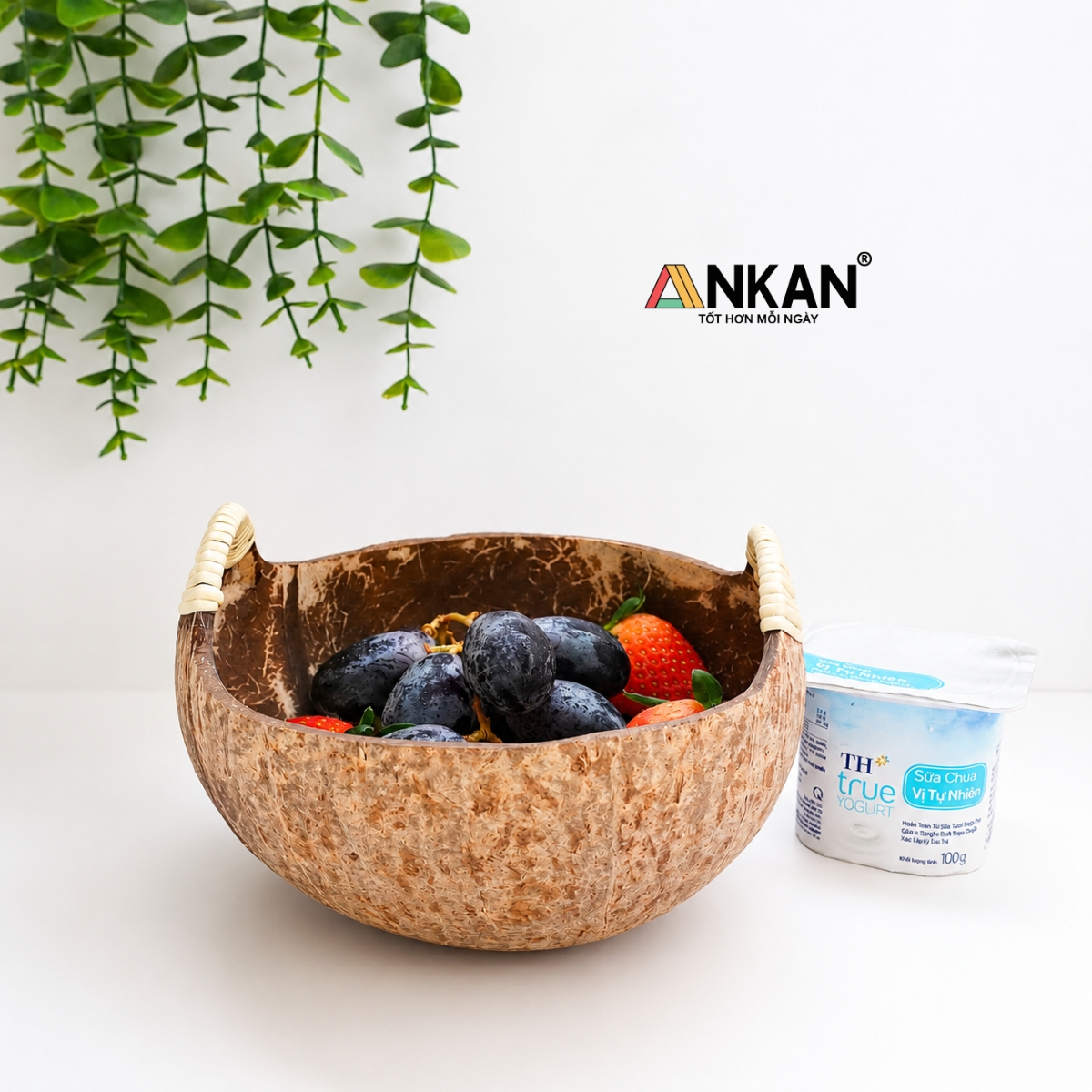 Bát Gáo Dừa Có Quai ANKAN Tô Gỗ Dừa Handmade – Decor Vintage Đựng Trái Cây, Snack, Nến Thơm
