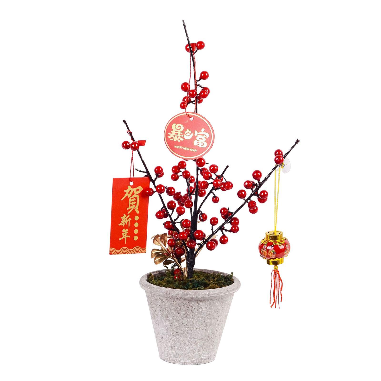 Chinese New Year Ornaments Holiday Desk Bonsai Spring Festival Table Centerpiece Red Lucky Character Pendants for Porch Desk Entryway Office