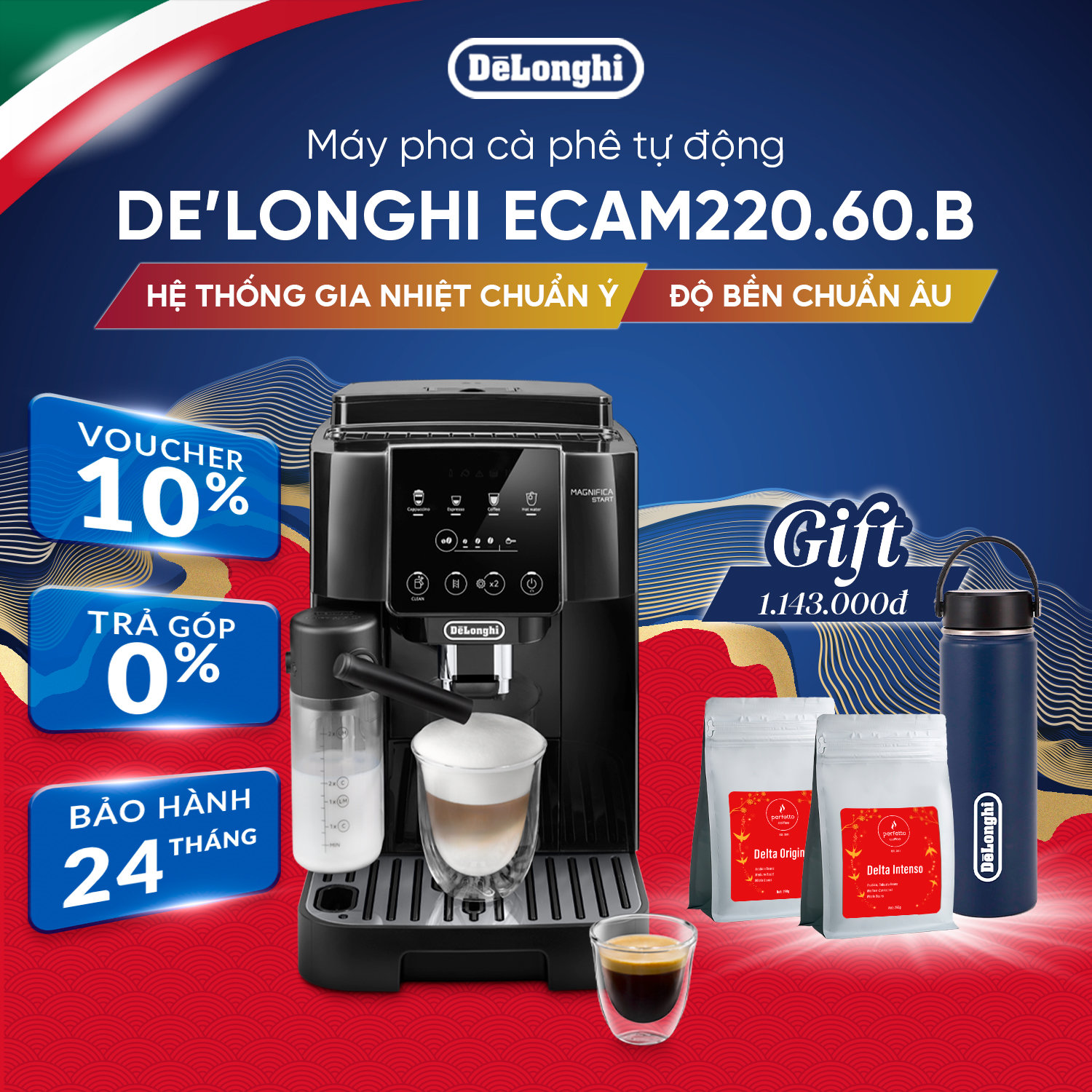 Máy pha cà phê tự động DeLonghi Magnifica Start ECAM220.60.B - Hàng Chính Hãng