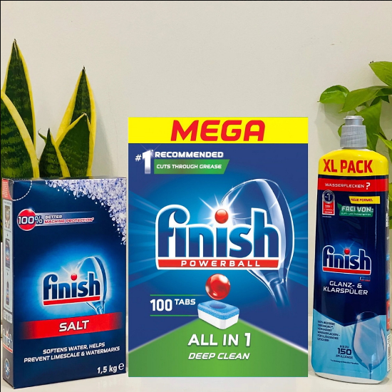Combo Viên rửa bát finish all in one 100 viên+Dung dịch Nước làm bóng finish 800ml +Muối rửa bát finish 1.5kg cho Máy rửa bát