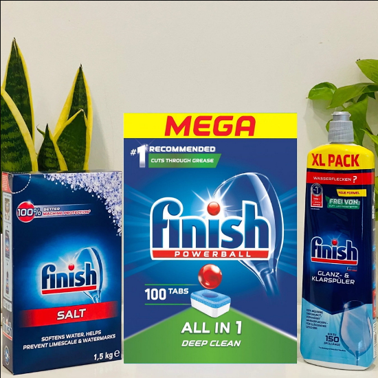 combo Viên rửa bát finish all in one 100 viên+Dung dịch Nước làm bóng finish 800ml +Muối rửa bát finish 1.5kg cho Máy rửa bát