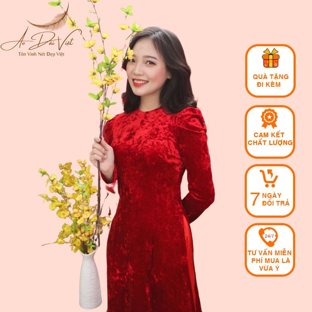 Áo dài nhung đỏ nhám Vai Bồng Áo Dài Việt sẵn áo truyền thống form đẹp, vải co giãn dễ mặc, trẻ trung