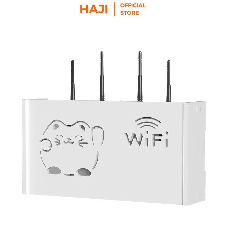 Kệ wifi treo tường HAJI hình mèo ú dễ thương, Kệ trang trí gỗ nhựa PVC chịu lực tốt, an toàn, bền, không cần khoan D345