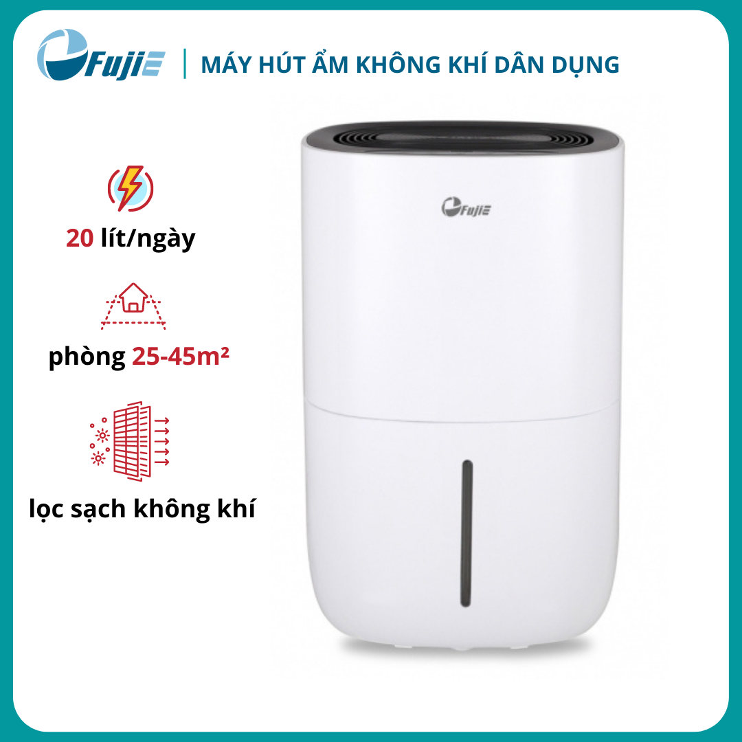 Máy hút ẩm lọc không khí FujiE HM-920EN, công suất hút 20 lít/ngày, bồn chứa nước thải 5 lít, có chức năng sấy khô quần áo, công suất 400W - hàng chính hãng