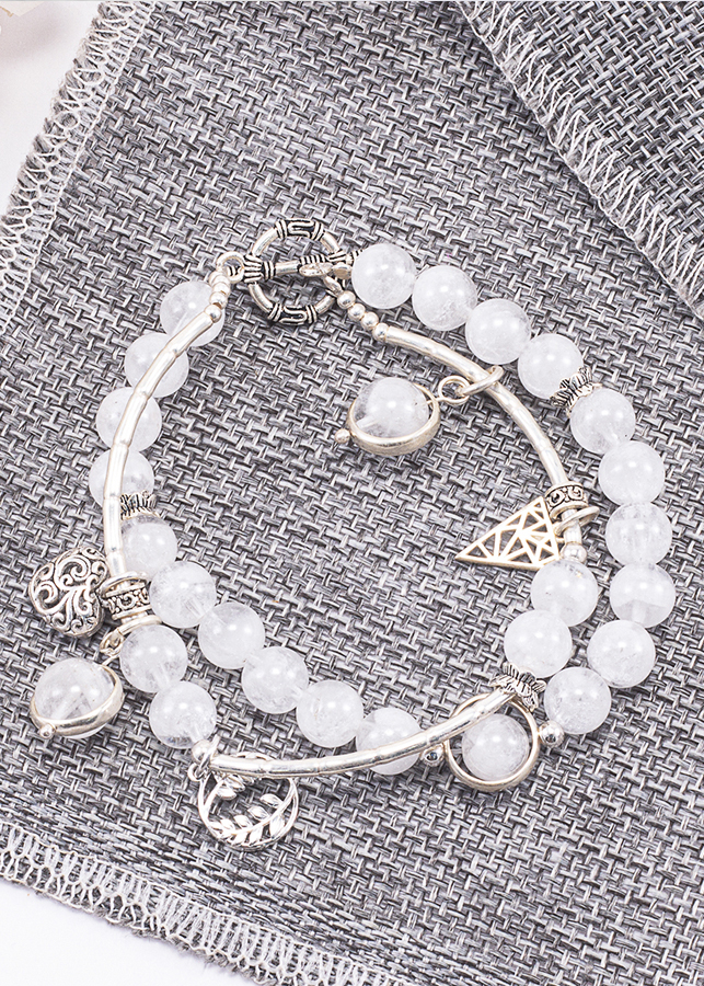 Vòng Tay Phong Thủy 2 Lines Nữ Đá Thạch Anh Ưu Linh Trắng Phối Charm Trái Tim Mệnh Kim, Thủy Ngọc Quý Gemstones